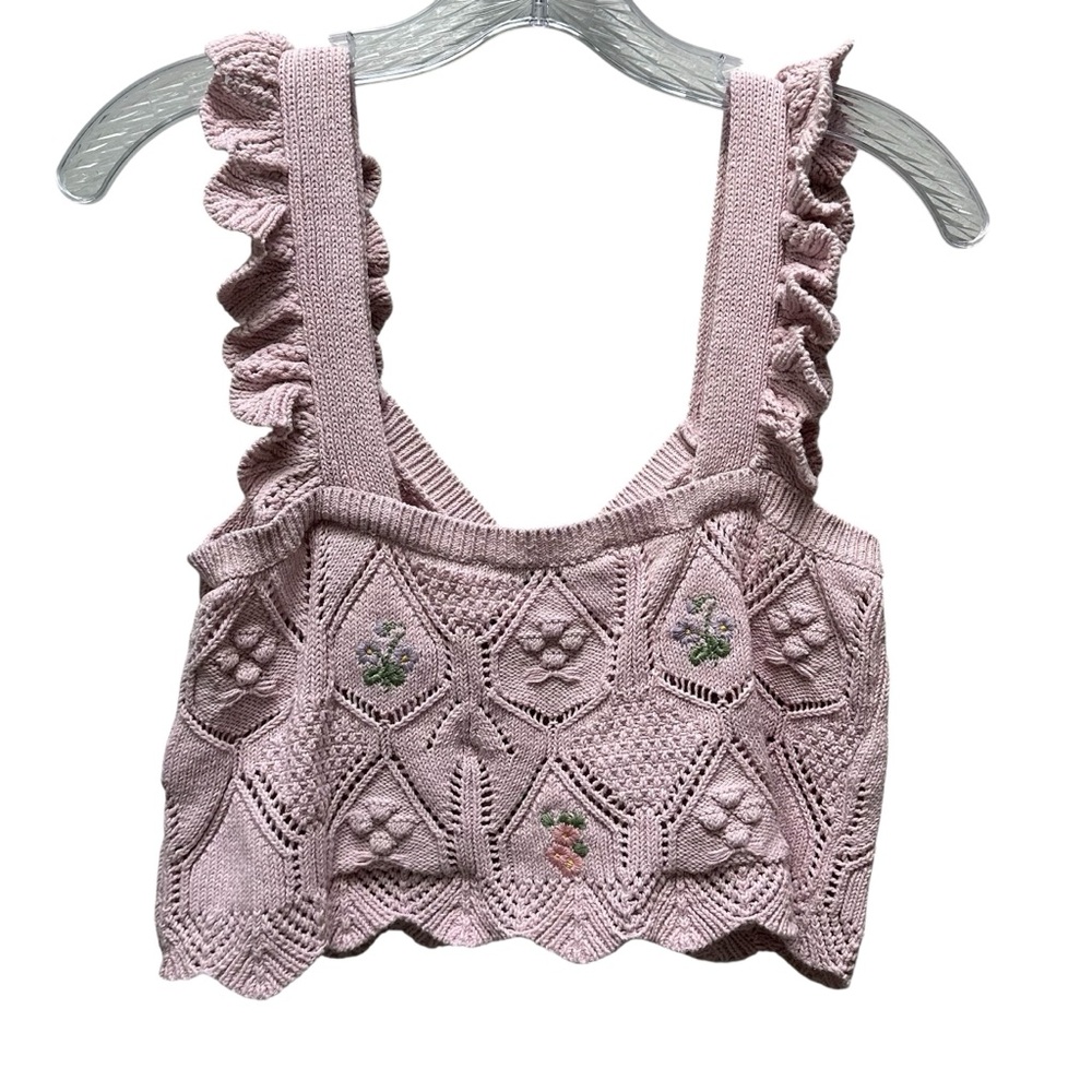 ZARA Pink‎ Embroidered Coquette Cottagecore Pointelle Knit Crop Top Ruffles - M - Picture 9 of 11